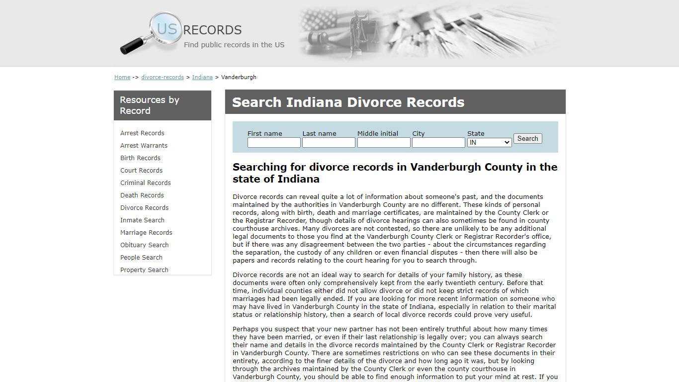 Search Divorce Records Vanderburgh Indiana | US Records